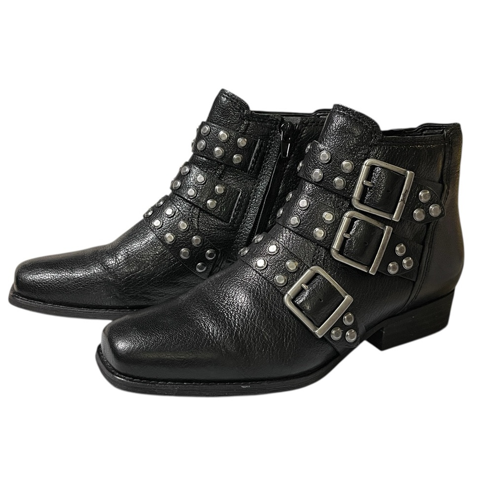 Zodiac Adele Black Genuine Leather Booties Studs Triple Buckle Moto Style Sz 8M